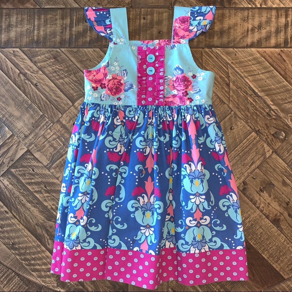 Eleanor Rose Blue Teal Pink Floral & Dot Girls Party Dress - Size 5/6 Small